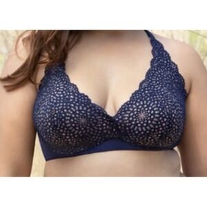 Curvy Couture‎ Crochet Lace Halter Bra Women 38DD Blue Nude Underwired Sexy EUC